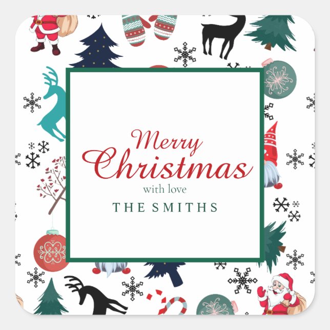 Santa Claus Reindeer Pine Trees Mittens Quadratischer Aufkleber (Vorderseite)