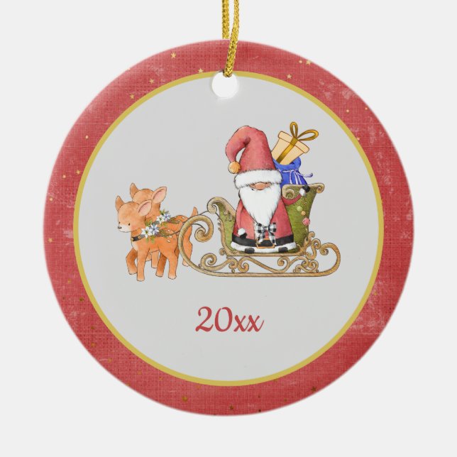 Santa Claus Reindeer Sleigh Jahr Name Keramik Ornament (Vorne)