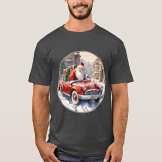 Santa Claus rides in a convertible car retro frien T-Shirt