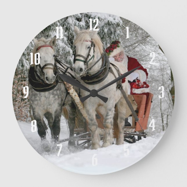 Santa Claus rides in a Horse sleigh Große Wanduhr (Vorderseite)