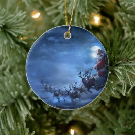 Santa Claus rides reindeer sleigh Keramik Ornament