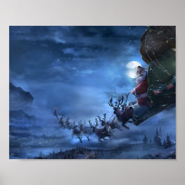 Santa Claus rides reindeer sleigh Poster (Vorne)