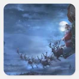 Santa Claus rides reindeer sleigh Quadratischer Aufkleber