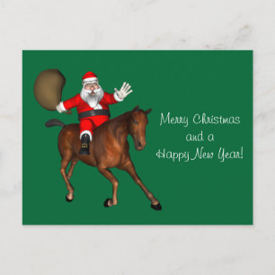 Santa Claus Riding A Brown Horse Feiertagspostkarte
