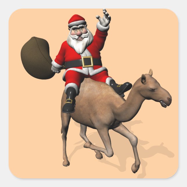 Santa Claus Riding A Camel Quadratischer Aufkleber (Vorderseite)
