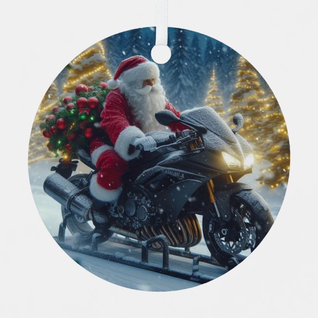 Santa Claus Riding A Yamaha Motorrad Schlitten Ornament Aus Metall (Vorderseite)
