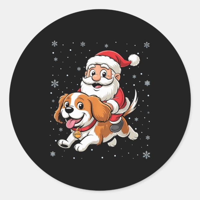 Santa Claus Riding Cavalier King Charles Spaniel D Runder Aufkleber (Vorderseite)