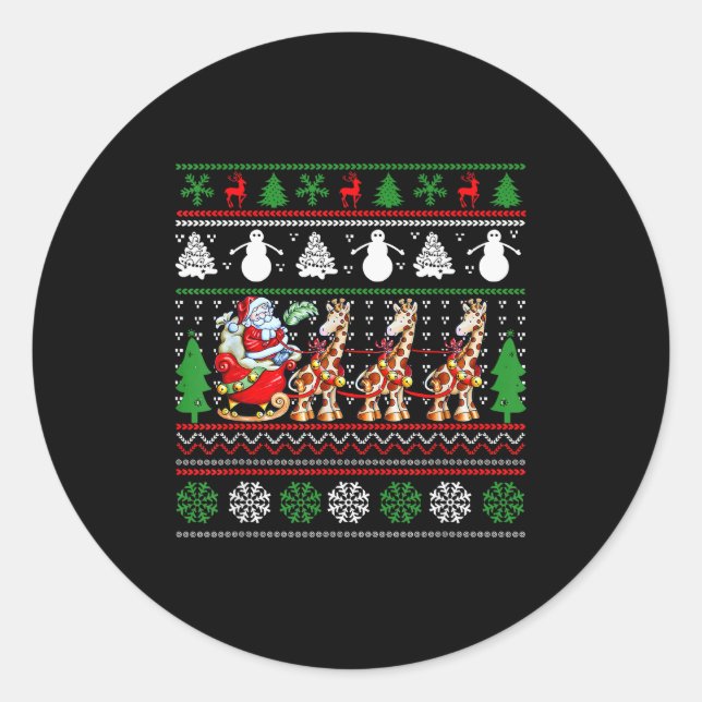Santa Claus Riding Giraffe Sleigh Ugly Christmas B Runder Aufkleber (Vorderseite)