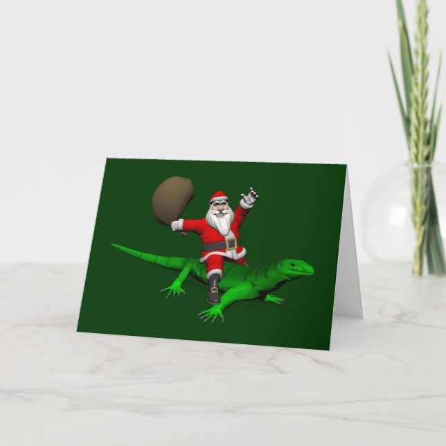 Santa Claus Riding Green Lizard Feiertagskarte (Vorderseite)