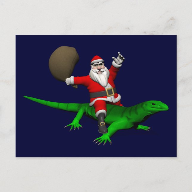 Santa Claus Riding Green Lizard Feiertagspostkarte (Vorderseite)
