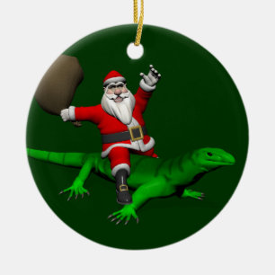 Santa Claus Riding Green Lizard Keramik Ornament