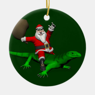 Santa Claus Riding Green Lizard Keramik Ornament