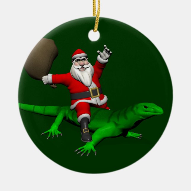 Santa Claus Riding Green Lizard Keramik Ornament (Vorne)