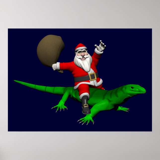 Santa Claus Riding Green Lizard Poster (Vorne)