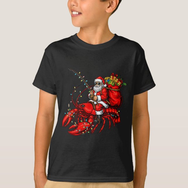 Santa Claus Riding Lobster Lights Christmas Fishin T-Shirt (Vorderseite)