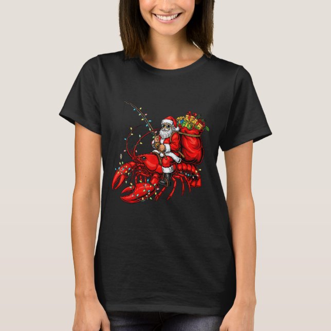Santa Claus Riding Lobster Lights Christmas Fishin T-Shirt (Vorderseite)