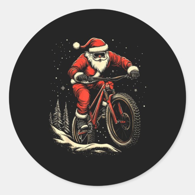 Santa Claus Riding Mountain Bike Christmas Funny M Runder Aufkleber (Vorderseite)