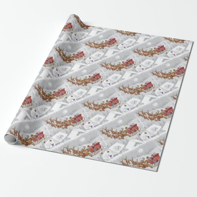 Santa Claus riding on sleigh with gift box Geschenkpapier (Ungerollt)