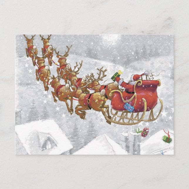 Santa Claus riding on sleigh with gift box Postkarte (Vorderseite)