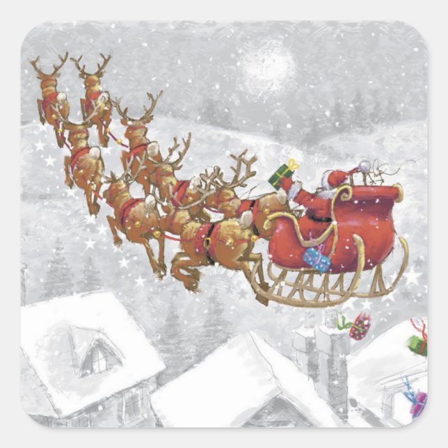 Santa Claus riding on sleigh with gift box Quadratischer Aufkleber (Vorderseite)