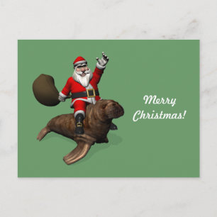 Santa Claus Riding On Walrus Feiertagspostkarte