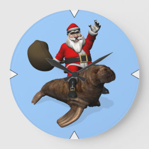Santa Claus Riding On Walrus Große Wanduhr