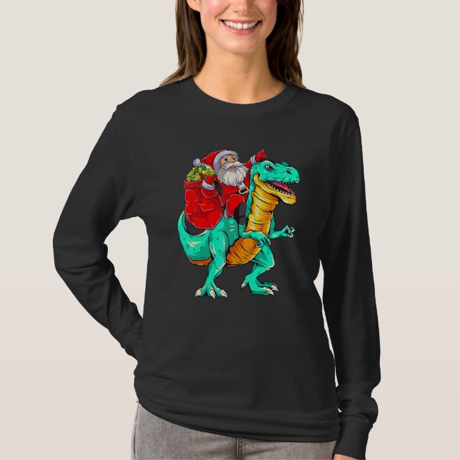 Santa Claus Riding Rex Dinosaur Christmas  Dino X  T-Shirt (Vorderseite)