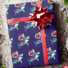 Santa Claus Riding Shark Christmas Blue Geschenkpapier