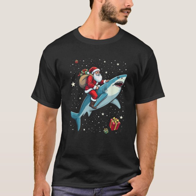 Santa Claus Riding Shark Men Boys Weihnachten T-Shirt (Vorderseite)