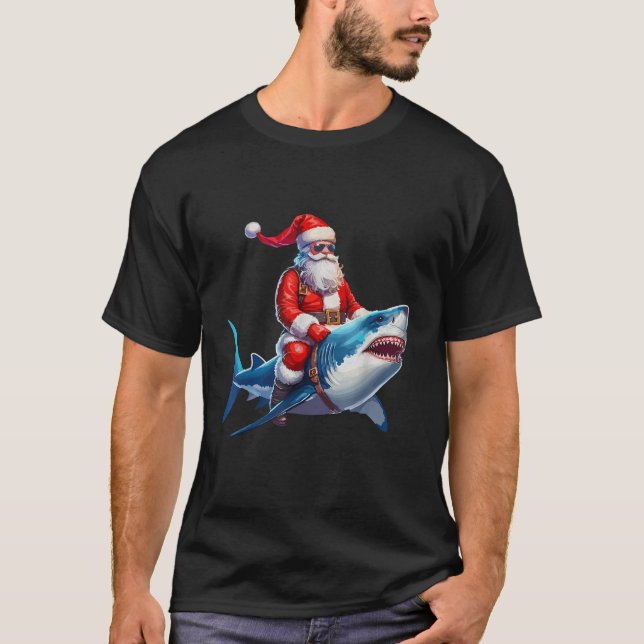 Santa Claus Riding Shark Weihnachtscreme kann T-Shirt (Vorderseite)