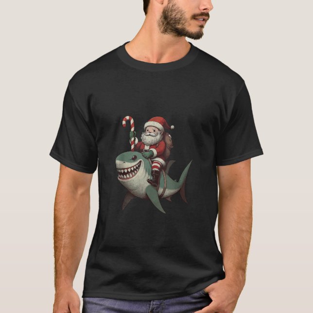 Santa Claus Riding Shark Weihnachtscreme kann T-Shirt (Vorderseite)