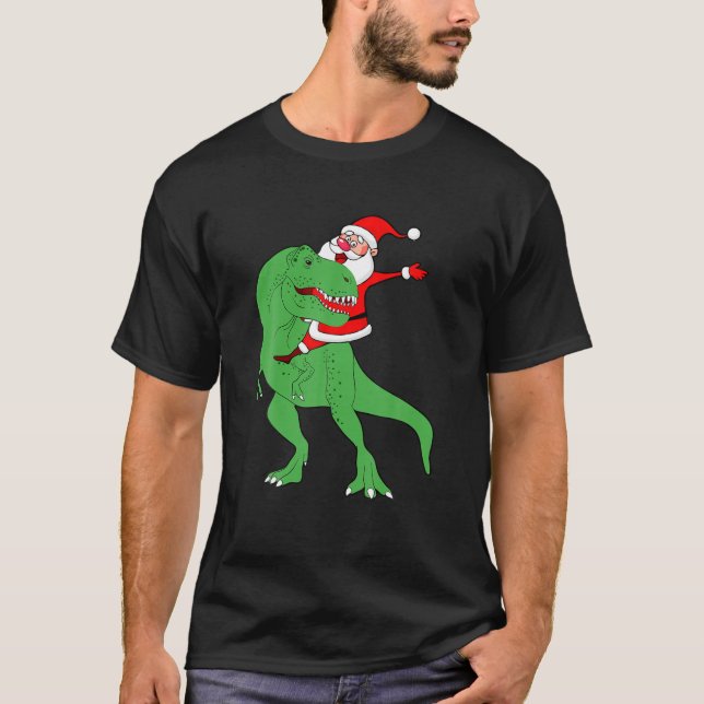 Santa Claus Riding T Rex Funny Christmas Dinosauri T-Shirt (Vorderseite)