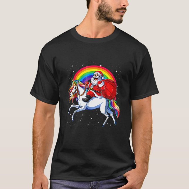 Santa Claus Riding Unicorn Rainbow Weihnachten Kin T-Shirt (Vorderseite)