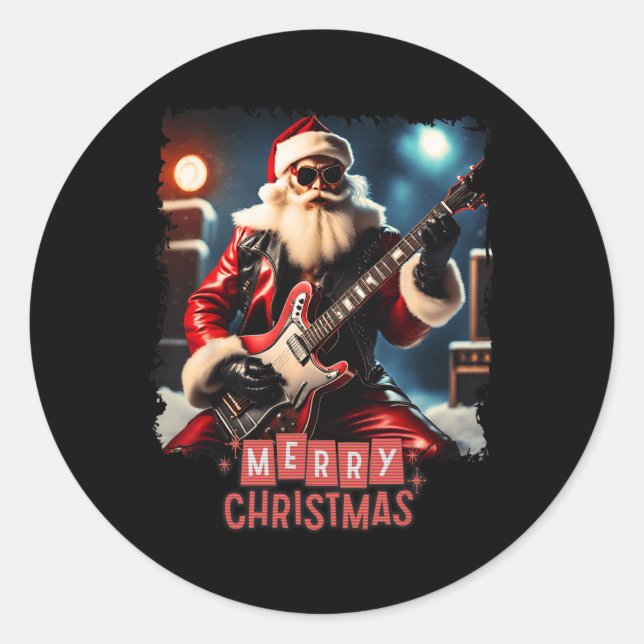 Santa Claus Rock Guitar Frohe Weihnachten Runder Aufkleber (Vorderseite)