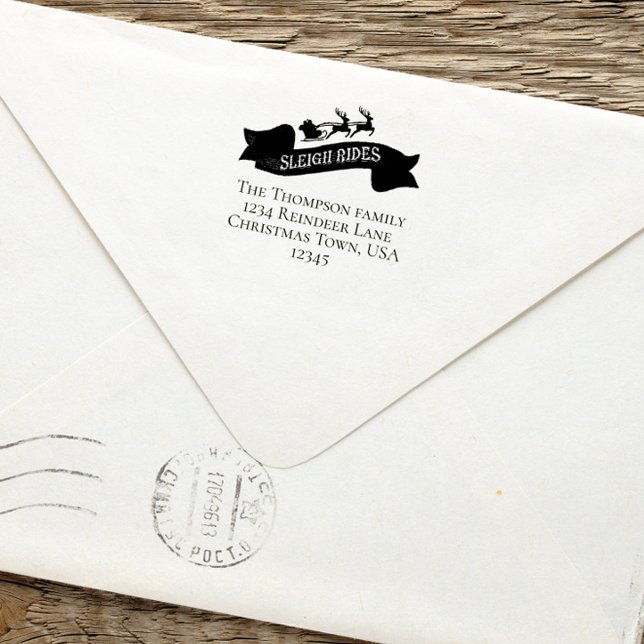 Santa Claus Rücksendeadresse Weihnachten Permastempel (Christmas santa and reindeer sleight rides return address self inking stamp.)