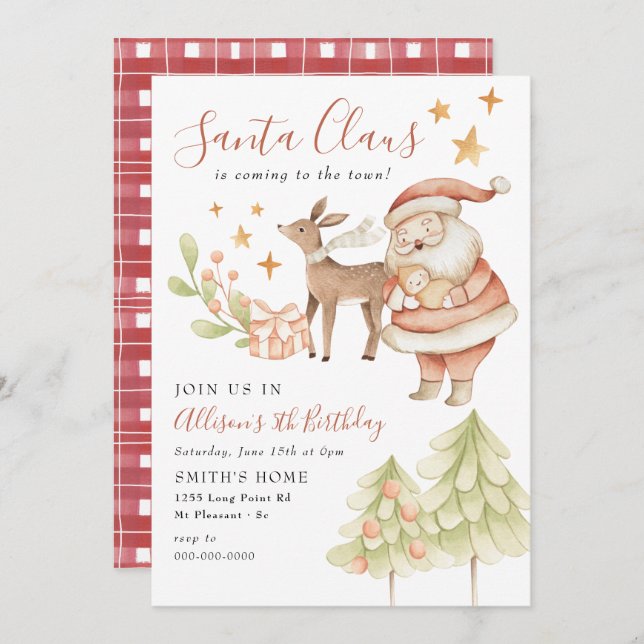 Santa Claus Rudolph Kids Holiday Birthday Party  Einladung (Vorne/Hinten)