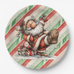 Santa Claus rutscht im Schnee aus Pappteller
