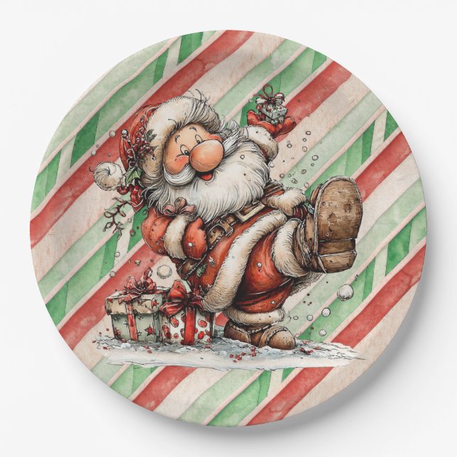 Santa Claus rutscht im Schnee aus Pappteller (Vorderseite)