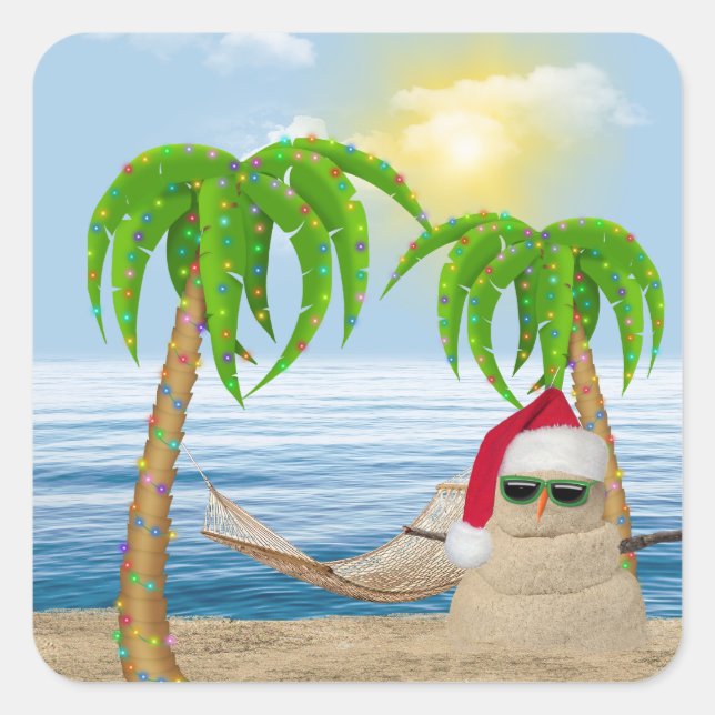 Santa Claus Sandman am Strand von Tropical Quadratischer Aufkleber (Vorderseite)