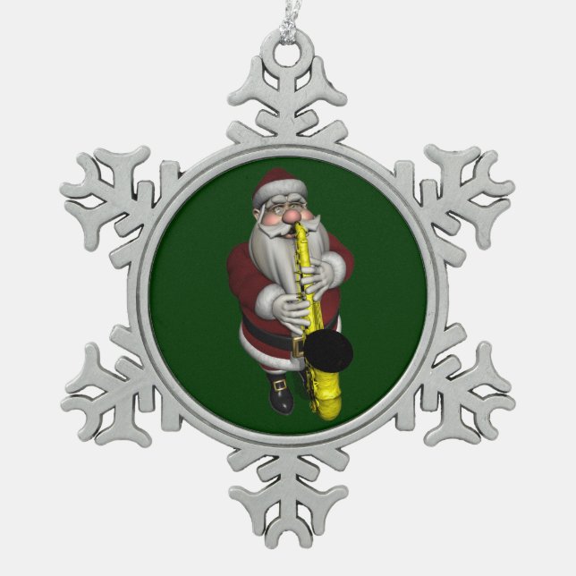 Santa Claus Saxophon spielen Schneeflocken Zinn-Ornament (Vorderseite)
