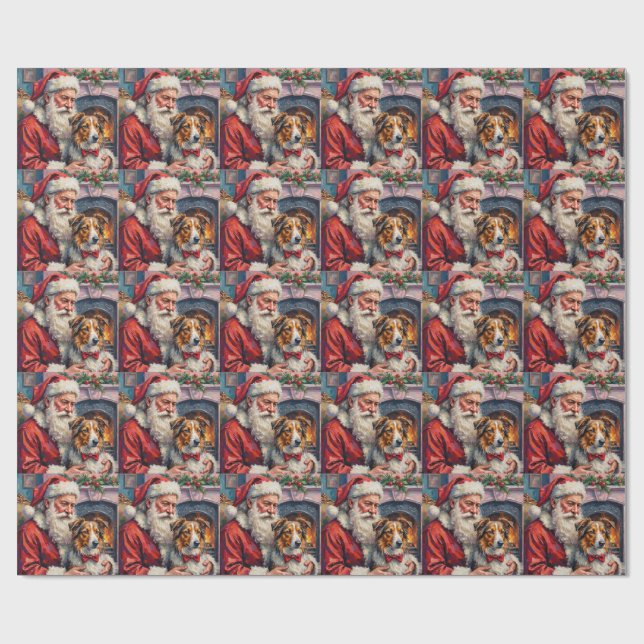 Santa Claus Shetland Sheepdog Christmas Art Geschenkpapier (Flach)
