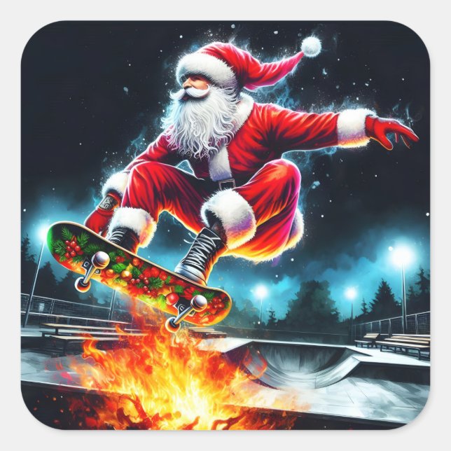 Santa Claus Skateboarding in einem Winter Skate Pa Quadratischer Aufkleber (Vorderseite)