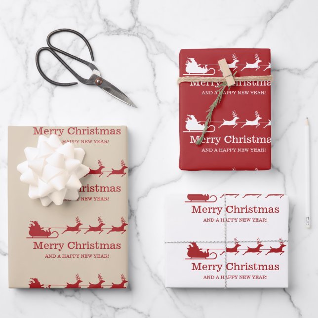Santa Claus Sleigh and Rentiers & Custom Text Geschenkpapier Set (Vorderseite)