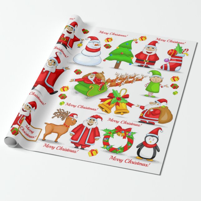 Santa Claus Snowman Elves Reindeer Penguin Geschenkpapier (Ungerollt)
