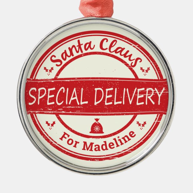 Santa Claus Special Delivery Individuelle Name Ornament Aus Metall (Vorne)