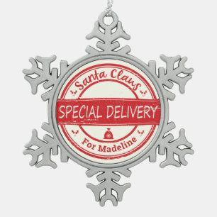 Santa Claus Special Delivery Individuelle Name Schneeflocken Zinn-Ornament