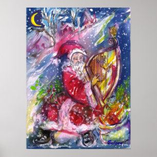 SANTA CLAUS SPIELEN HARP IN MONLIGHT Weihnachten Poster
