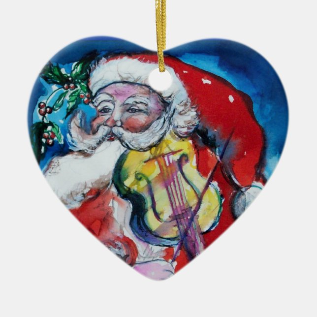 SANTA CLAUS SPIELEN VIOLIN Red Ruby Heart Keramikornament (Vorne)