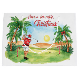 Santa Claus spielt Golf an Weihnachten im Juli  Große Geschenktüte