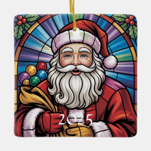 Santa Claus Stained Glass Art – Colorful Christmas Keramikornament (Vorderseite)